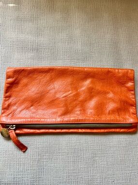 Clare Vivier Orange Soft Leather Foldover Zip Clutch with Gold Hardware